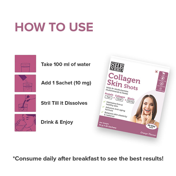 SheNeed Collagen Skin Shot Protein, Collagen & Biotin - 10g x 30 Sachets