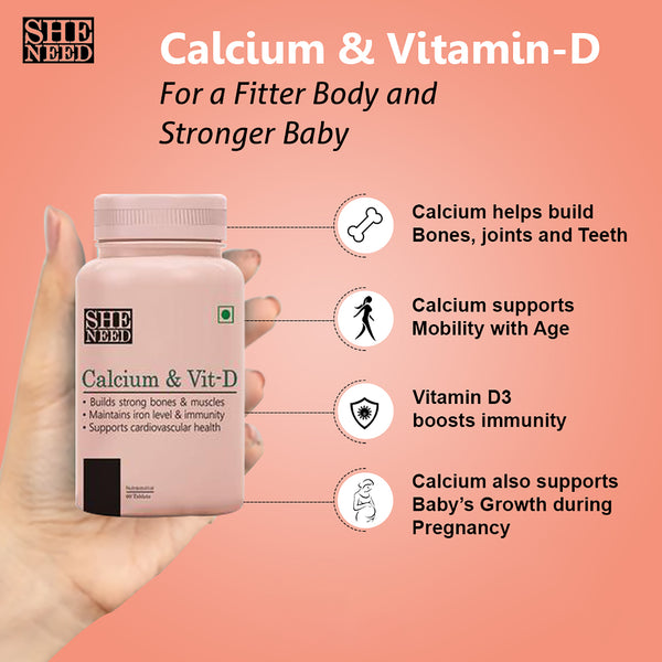SheNeed Calcium and Vit-D3 Supplement For Women - Monitors Iron Level & Strong Bone Health – 60 Tablets AND GET FREE CGG Collagen peptide serum-2x Collagen Restorative -10ml
