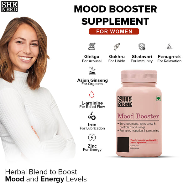 SheNeed Mood Booster For mood Disorder Supplements For Women - Enhances Mood, Eases Stress & Frustration - 60 Capsules AND GET FREE CGG Vitamin-C serum-10X Anti-Aging Booster-10ml