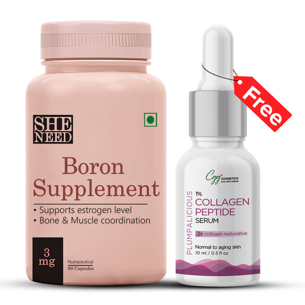 SheNeed Boron Supplements (3 mg) For Women - Better Muscle Coordination & Maintains Estrogen Levels- 60 Capsules AND GET FREE Cgg Collagen peptide serum- 2x Collagen Restorative-10ml