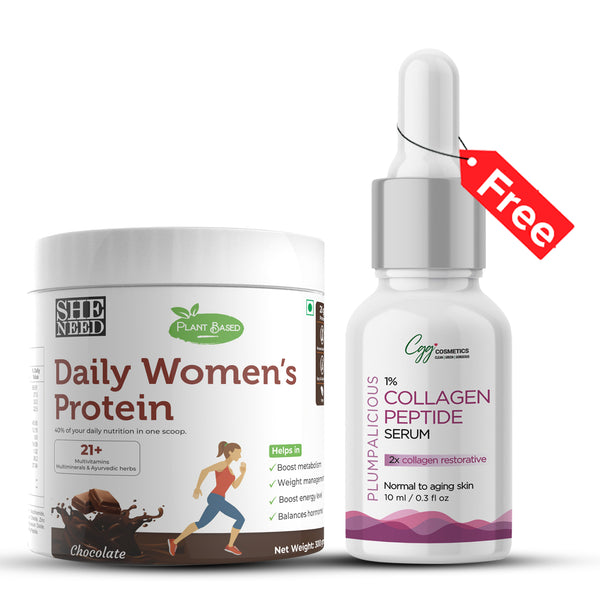 SheNeed Plant Based Daily Women’s Protein Drink with 21+ Nutrients for Women with Sitawar, Turmeric and Iron, Calcium For Hormone Balance, Bone, Hair And Skin & Muscle-300gm AND GET FREE CGG Collagen serum-2X Collagen Restorative-10ml