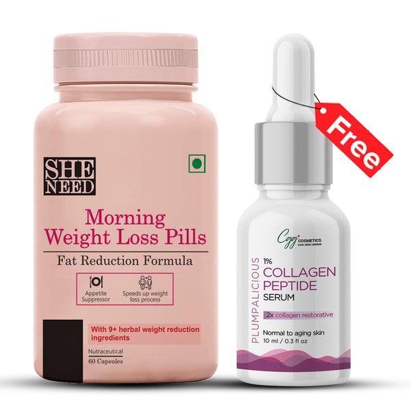 SheNeed Morning Weight Loss Pills With Fat Reduction Formula For Daily Calorie Burn With Garcinia Cambogia, Green Tea Extract And Black Tea Extract For Men & Women, Vegan – 60 Capsules AND GET FREE CGG Collagen serum-2X Collagen Restorative-10ml