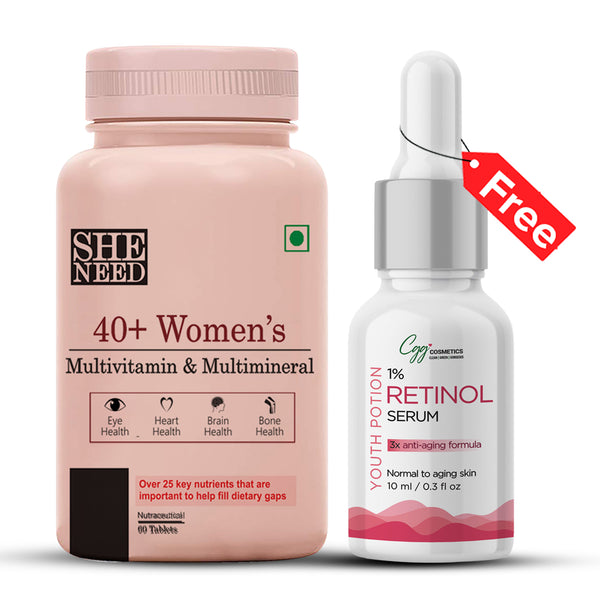SheNeed Women 40+ Women’s Multivitamins & Multiminerals With 25+ Nutrients For Daily Nutrition, Eye, Heart, Brain, Strong Bone & Menopause With Iron, Calcium, Vegan – 60 Tablets AND GET FREE CGG Retinol serum-3X Anti-Aging formula -10ml
