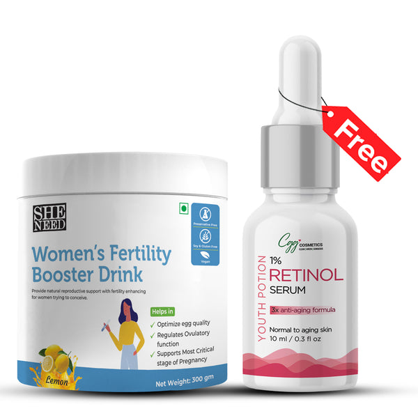 SheNeed Women’s Fertility Booster Drink for Women with Folic Acid, Vitamin B-12, Myo-Inositol for Hormone Balance, Regulate Ovulatory Function, Increases Chances of Pregnancy- 300gm AND GET FREE CGG Retinol serum-3X Anti-Aging formula-10ml