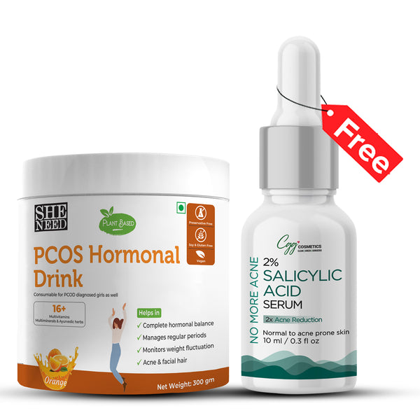 SheNeed Plant Based PCOS Hormonal Drink For Women With Beet Root Extract, Cranberry Extract, Ashwagandha For Hormonal, Period Cycle & Weight Balance For PCOD- 300gm AND GET FREE CGG Salicylic acid serum for Acne prone skin -10ml