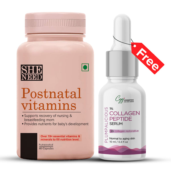 SheNeed Postnatal Vitamins Supplements for Women - Supports Recovery, Breastfeeding, Nursing After Delivery & Levels Hormonal Activity- 60 Capsules AND GET FREE CGG Collagen serum-2x Collagen Restorative-10ml