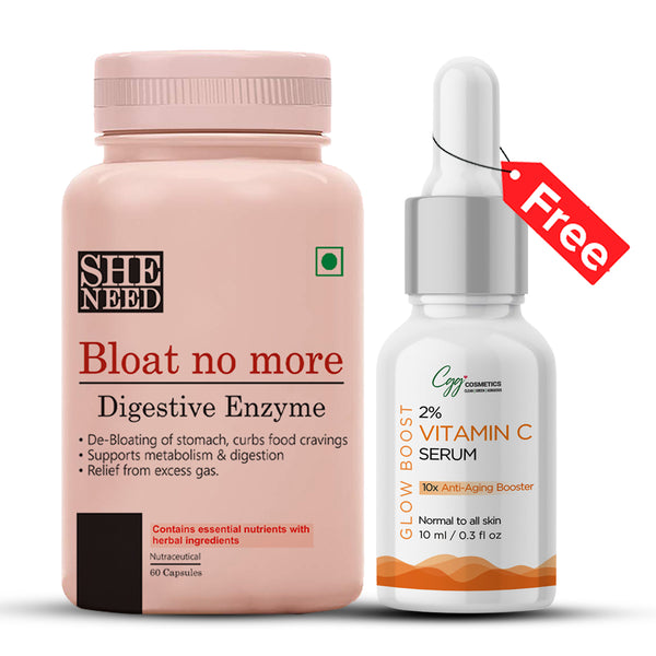 SheNeed Bloat No More Digestive Enzyme Supplement For Women - Alleviates Bloating of Stomach, Promotes Digestion with Healthy Nutrients- 60 Capsules AND GET FREE CGG Vitamin-C serum-10x Anti-aging Booster -10ml