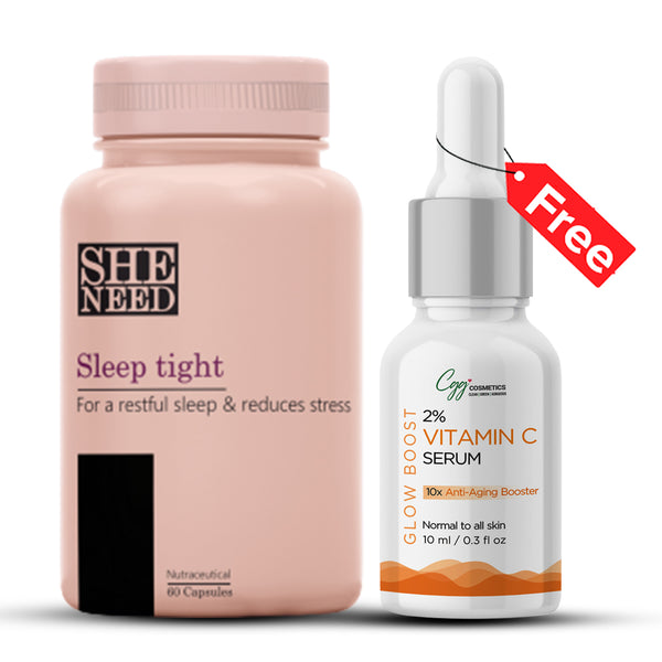 SheNeed Sleep Tight Supplements for Women - Promotes Restful Sleep, Relaxation & Reduces Stress – 60 Capsules AND GET FREE CGG Vitamin-C Serum-10X Anti-Aging Booster-10ml