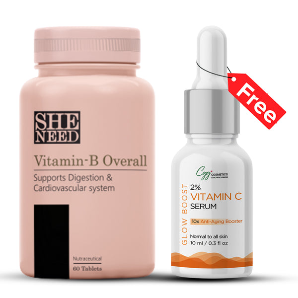 SheNeed Vitamin B Overall Supplements for Women – Boosts Digestion, Energy & Supports Cardiovascular System – 60 Tablets AND GET FREE CGG Vitamin-C Serum -10x Anti-Aging Booster -10ml