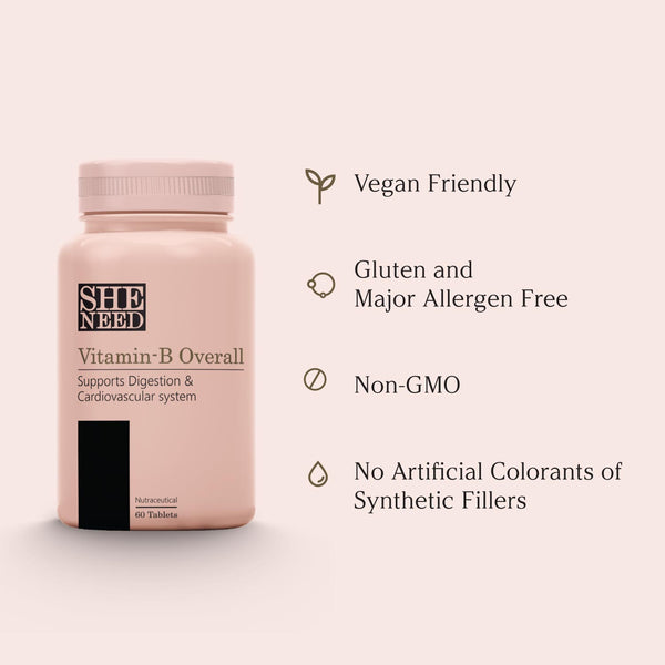 SheNeed Vitamin B Overall Supplements for Women – Boosts Digestion, Energy & Supports Cardiovascular System – 60 Tablets AND GET FREE CGG Vitamin-C Serum -10x Anti-Aging Booster -10ml