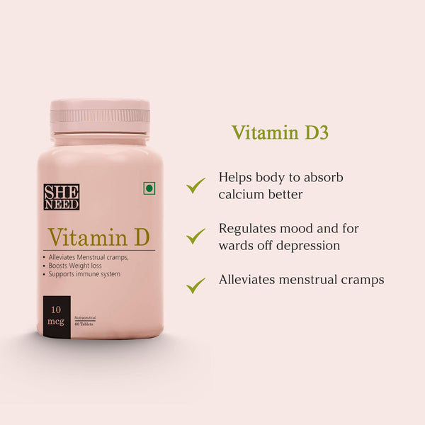SheNeed  Vitamin D Supplement For Women - Helps in Alleviating Menstrual Cramps, Bone & muscle & Support Immune System - 60 Tablets
