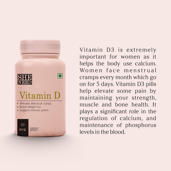 SheNeed  Vitamin D Supplement For Women - Helps in Alleviating Menstrual Cramps, Bone & muscle & Support Immune System - 60 Tablets