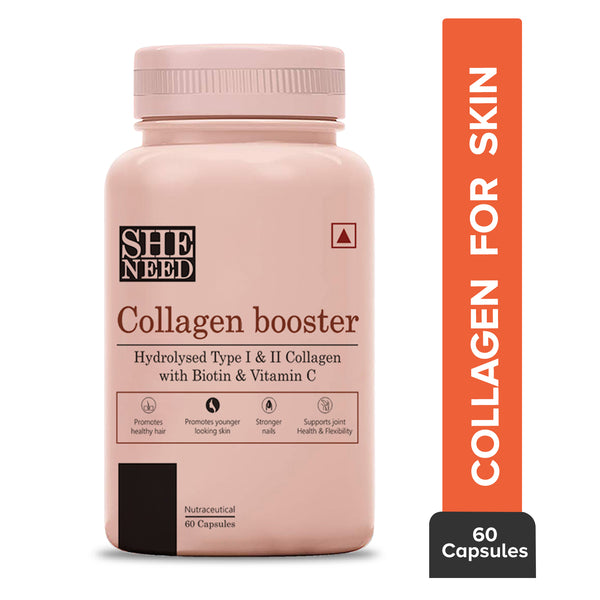 SheNeed Collagen Booster with Hydrolyzed Collagen, Anti-Aging, Beauty, Skin Repair & Pigmentation for Men & Women – 60 Capsules AND GET FREE CGG Cosmetics Collagen peptide serum-2x Collagen Restorative -10ml
