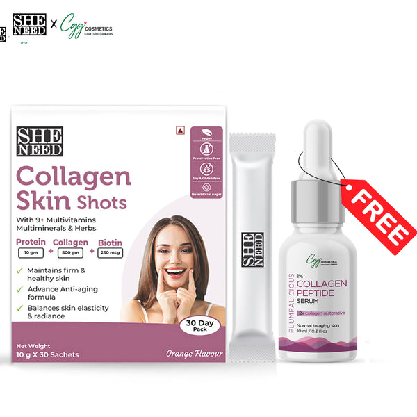 SheNeed Collagen Skin Shot (10gx30 Sachets)  & GET FREE Cosmetics 1% collagen peptide serum with 2X Collagen Restorative -10ml