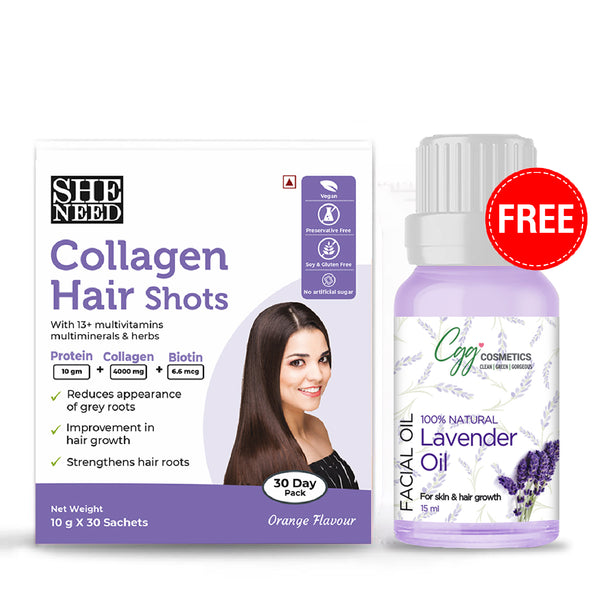 SheNeed Collagen Hair Shot with Protein, Biotin & Collagen -15g x 30 Sachets AND GET FREE CGG Cosmetics Lavender oil for Hair Quality  -15ml