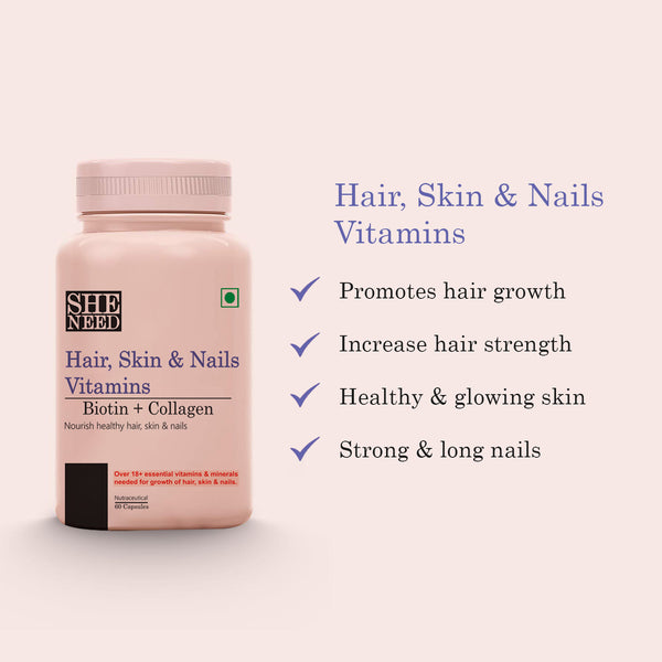 SheNeed Hair, Skin & Nails Vitamins With 20 Essentials Vitamins & Minerals Boost Cell Growth to Improve Complexion & Hair Texture AND GET FREE CGG Cosmetics Lavender Oil  For Hair & Skin-15ml