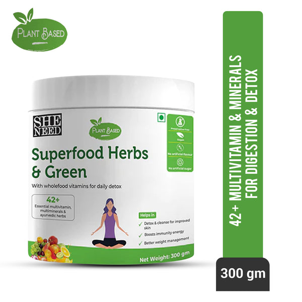 SheNeed Superfood Greens & Herbs with 42+ Vitamins & Minerals-Better Digestion & Detox - 300gm AND GET FREE CGG Collagen serum - 2x Collagen restorative - 10 ml